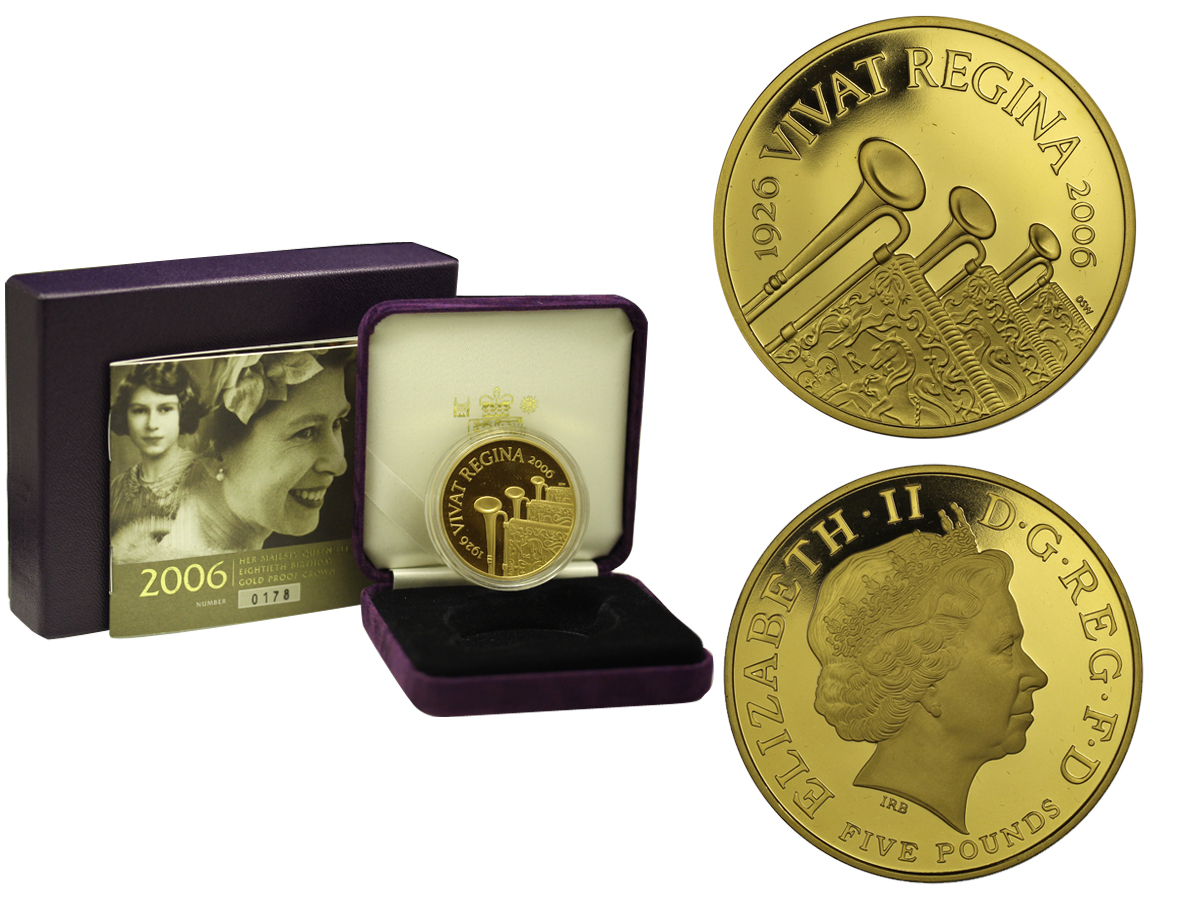 80 Compleanno della Regina Elisabetta - 5 sterline gr. 39,94 in oro 917/000 - conf. originale