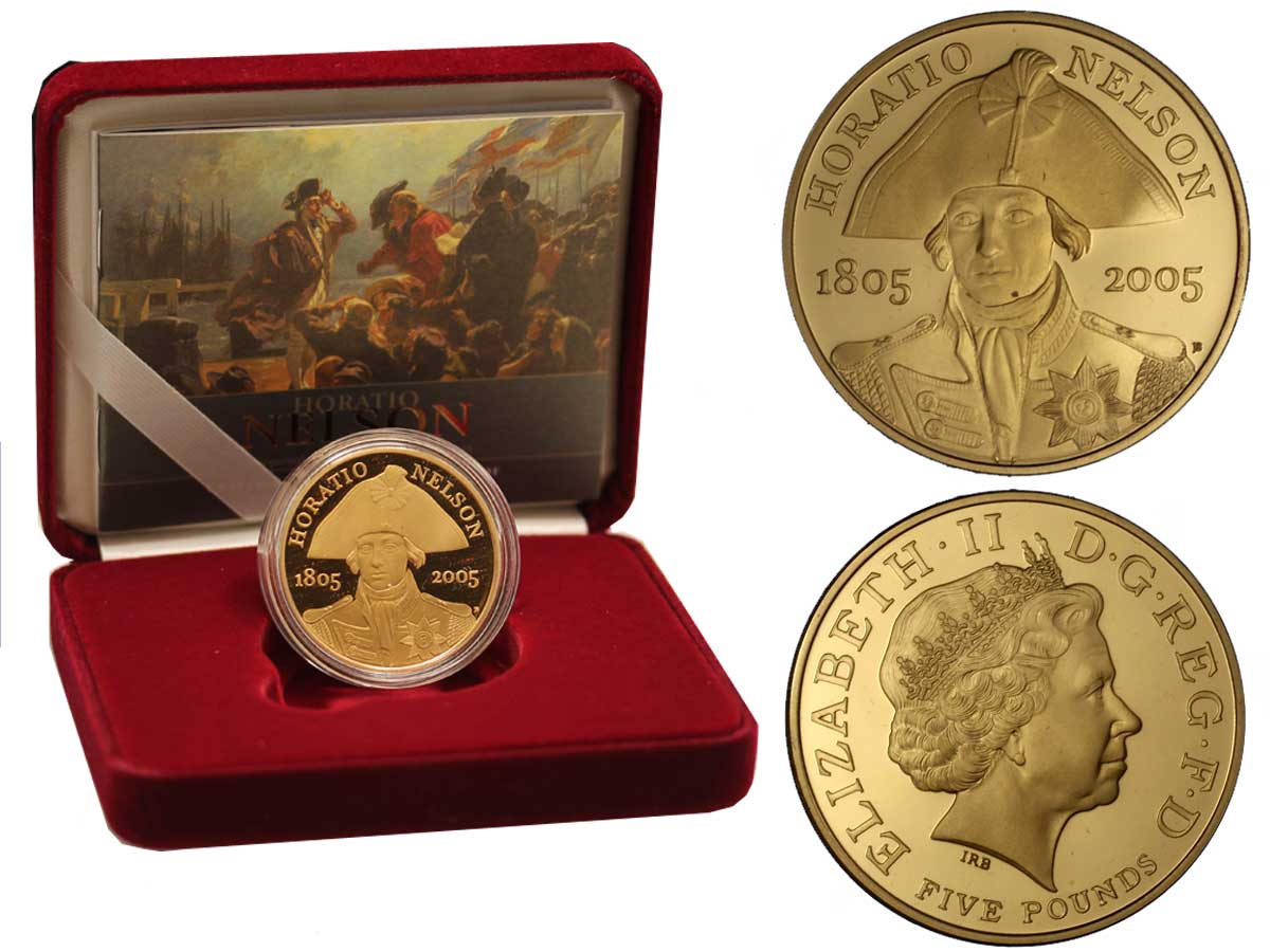 200  Anniv. della morte di Horatio Nelson - 5 sterline gr. 39,94 in oro 917/000 - conf. originale