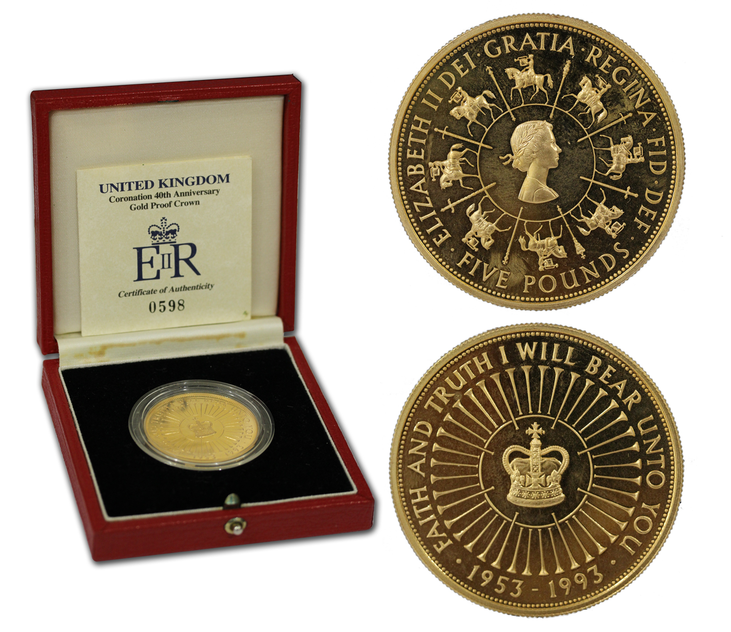 40 Anniversario dell' incoronazione - Regina Elisabetta - 5 sterline gr. 39,94 in oro 917/000 - conf. originale
