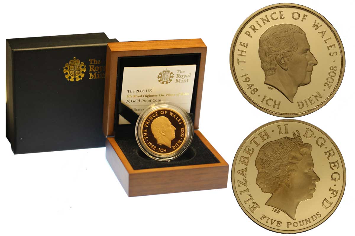 60 Compleanno del Principe Carlo - 5 sterline gr. 39,94 in oro 917/000 - conf. originale
