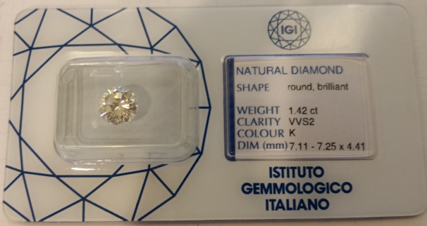 Diamante Rotondo a Brillante di ct.1.42 - Purezza VVS2 - Colore K - Certificato IGI Milano