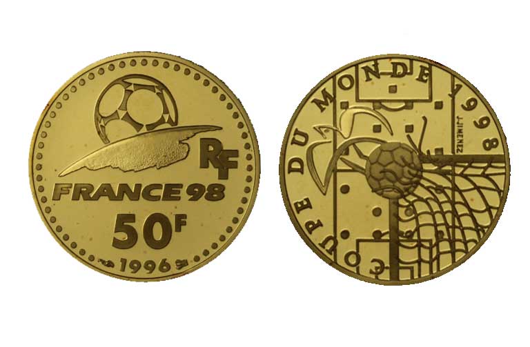  "Mondiali di Calcio Francia '98" - 50 franchi gr. 8,45 in oro 920/000