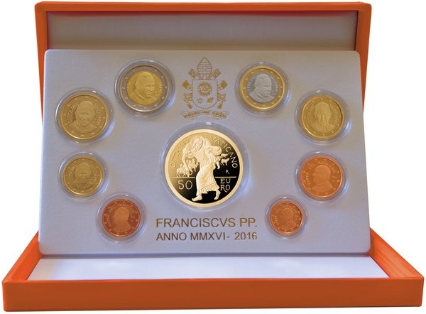 Serie completa di 8 monete in confezione originale con 50 euro in oro Anno Santo Straordinario della Misericordia