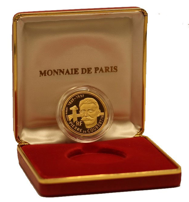 "Pierre De Coubertin" - 500 franchi gr. 17,00 in oro 920/000 - conf. originale