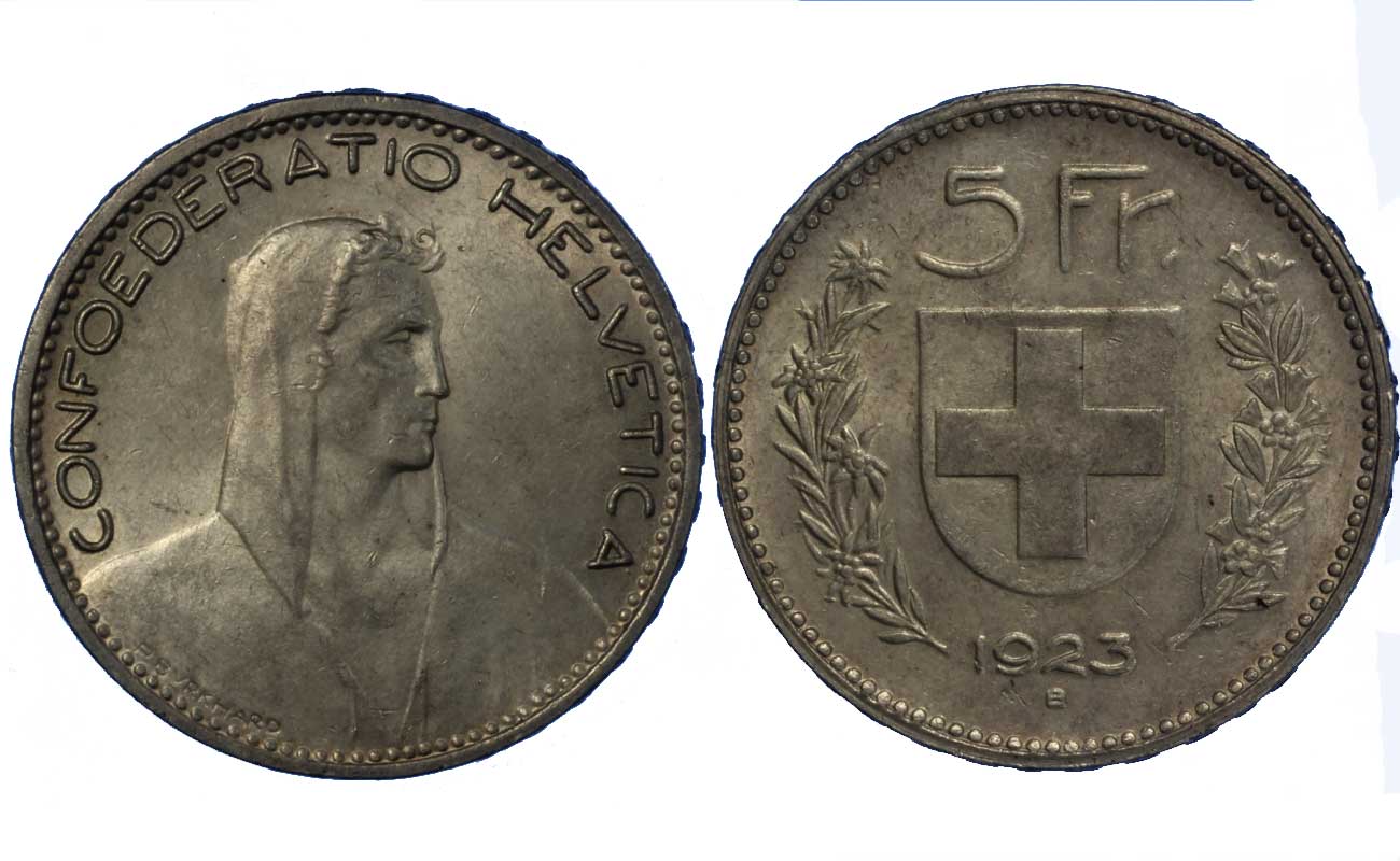 5 franchi gr.25,00 in ag.900/000
