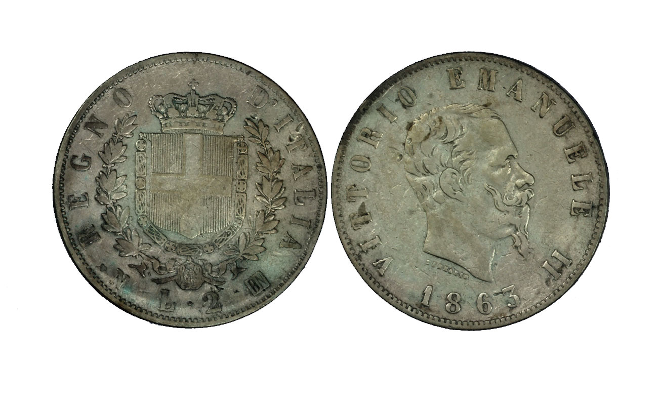 "stemma"- Re Vittorio Emanuele II - 2 lira gr. 10,00 in arg. 835/