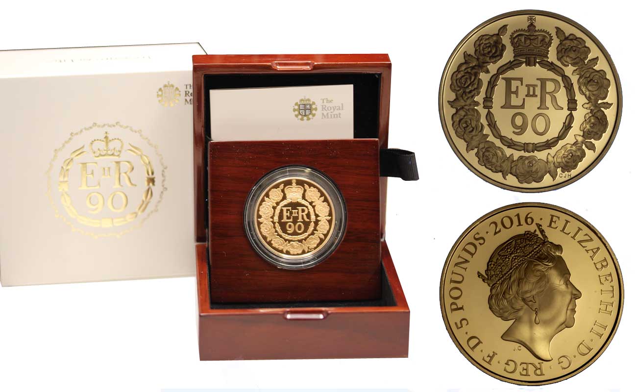 90 Compleanno della Regina - 5 sterline gr. 39,94 in oro 917/000 - conf. originale - Tiratura 900 pz 