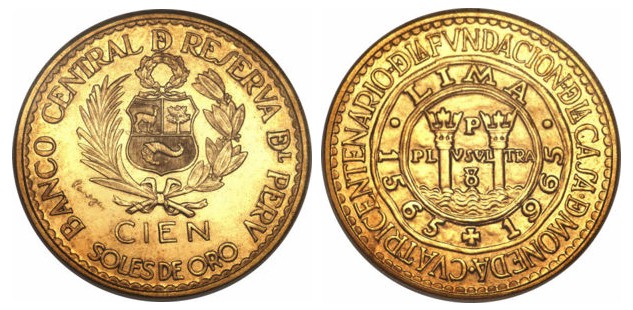 400 Anniv. Zecca di Lima - 100 soles gr. 46,807 in oro 900/000