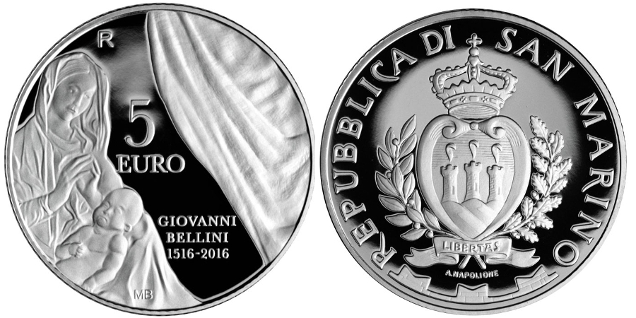 "500 Scomparsa di Giovanni Bellini" - 5 Euro gr. 18,00 in arg. 925/ - In conf. originale