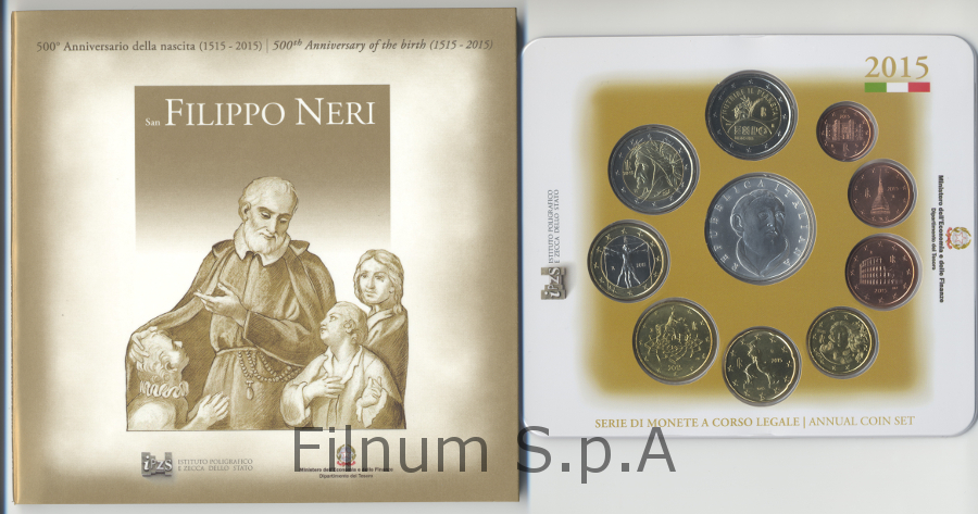  Serie completa di 10 monete in confezione ufficiale con moneta da 5 euro in Ag "500 Anniv. Nascita San F. Neri"