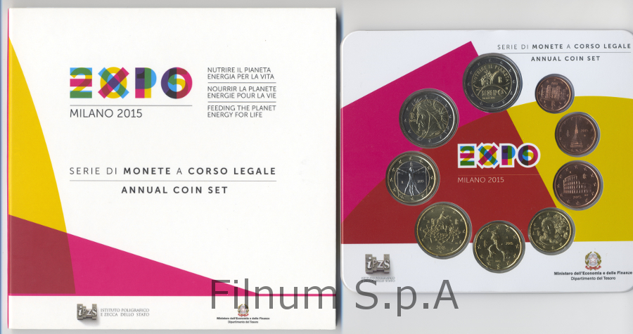 Serie completa di 9 monete in confezione ufficiale con moneta da 2 euro "Expo di Milano"