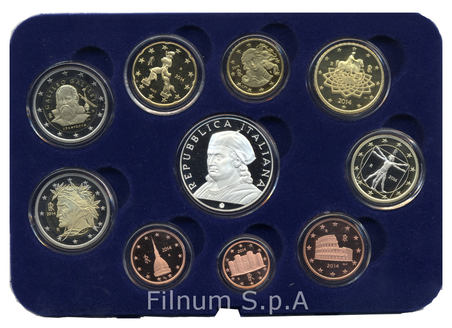 Serie completa di 10 monete in confezione ufficiale con moneta da 5 euro in Ag "500 Anniv. Morte di D. Bramante"