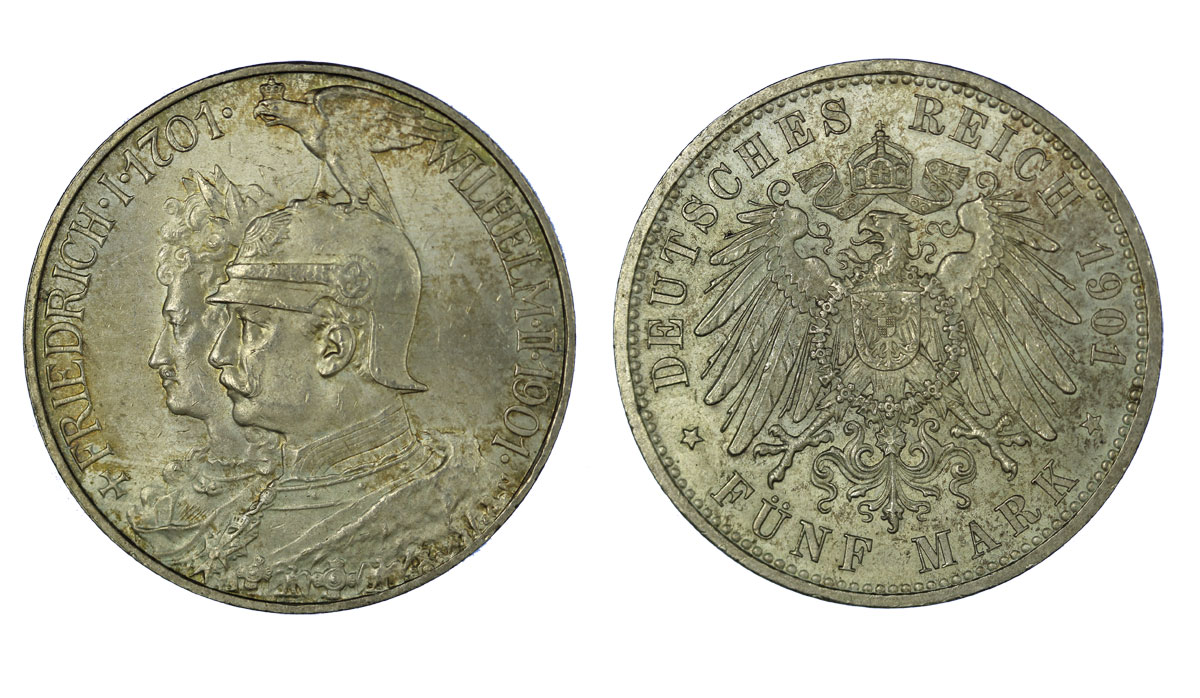 Prussia - "200 Anniversario del Regno" - 5 marchi gr.27,78 in ag.900/000 