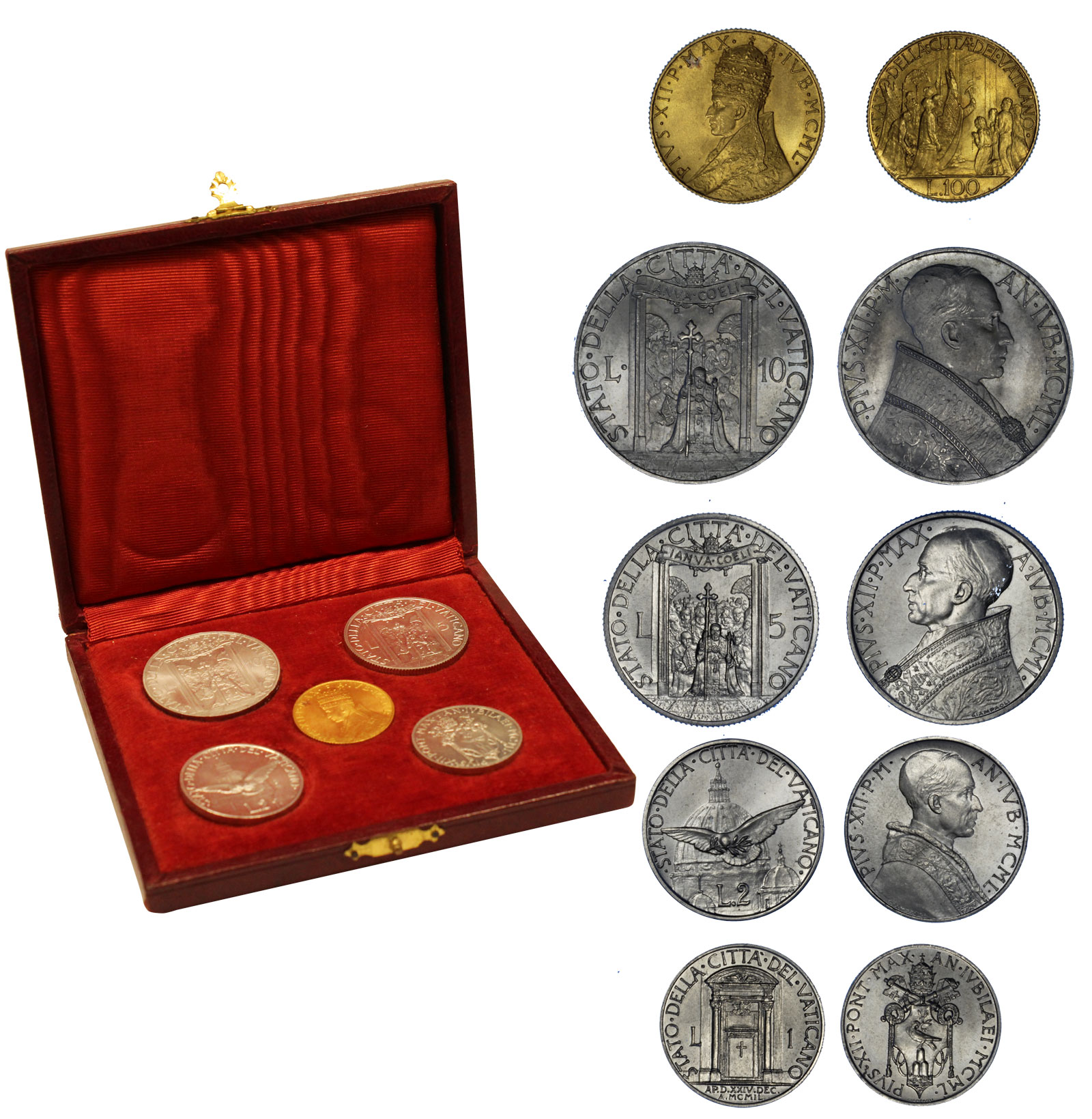  "Papa Pio XII" - Serie completa da Lire 100 di gr. 5,19 in oro 900/000 e 5 monete da L. 1- 2 - 5 - 10 in nickel  - conf. originale 