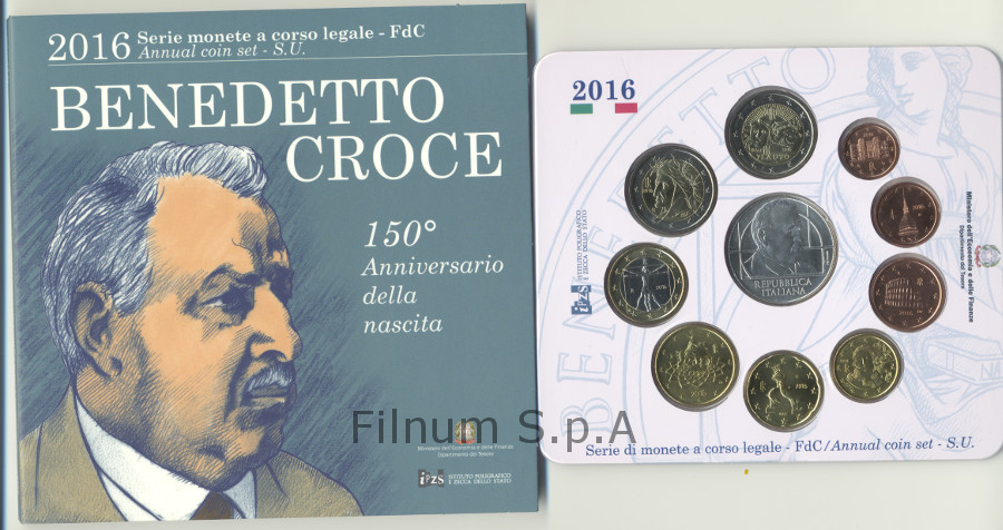 Serie completa di 10 monete in confezione ufficiale con moneta da 5 euro in Ag "150 Anniv. Nascita B. Croce"