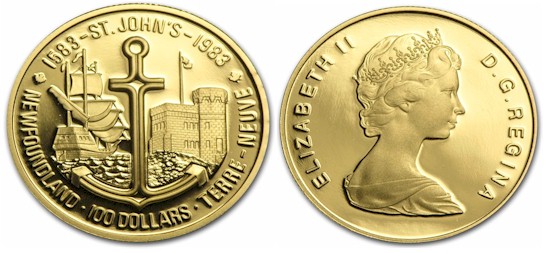 "400 Anniv. di St. John's" - 100 dollari gr. 16,96 in oro 917/000 - conf. originale