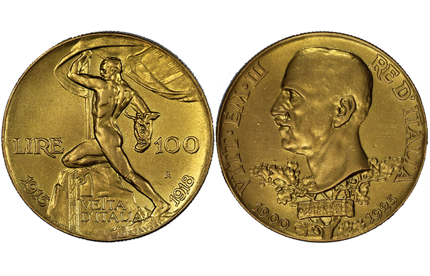 "Vetta d'Italia" - Re Vittorio Emanuele III - 100 Lire gr. 32,25 in oro 900/