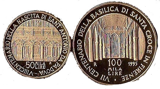 "Padova e Firenze" - L.50.000+L.100.000 gr. 22,50 in oro 900/000 - senza conf. - PREZZO SPECIALE!!