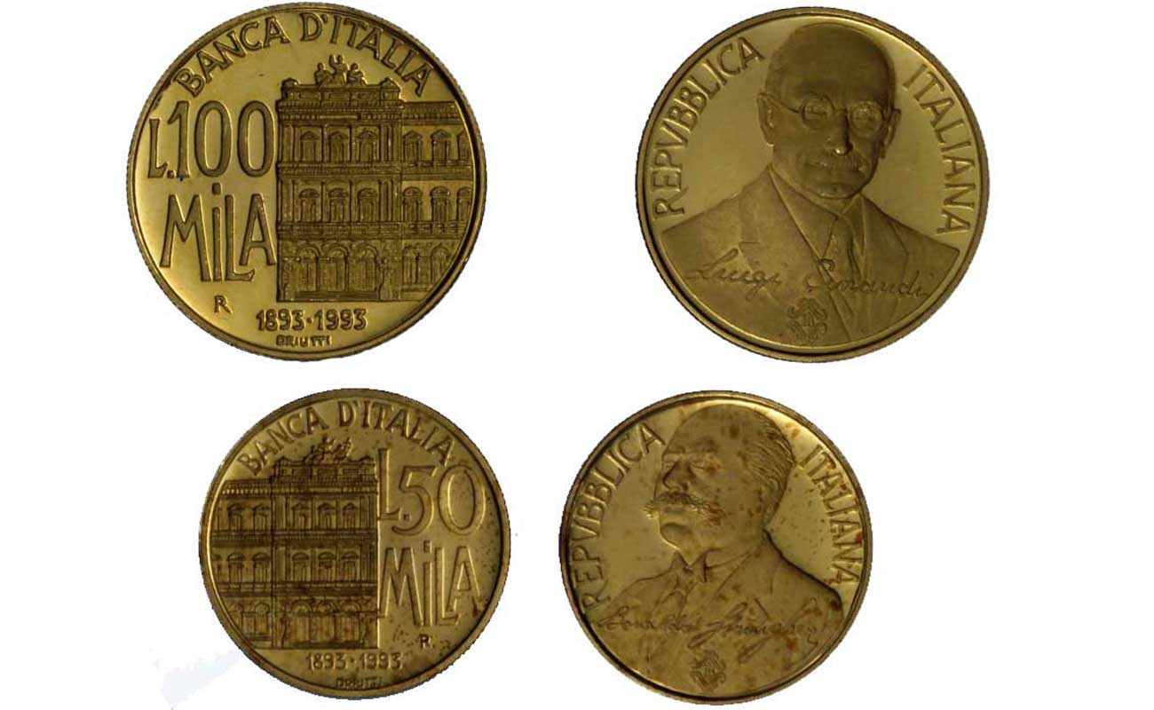 L.50.000+L.100.000 "Banca d'Italia" gr. 22,50 in oro 900/000 - conf. originale