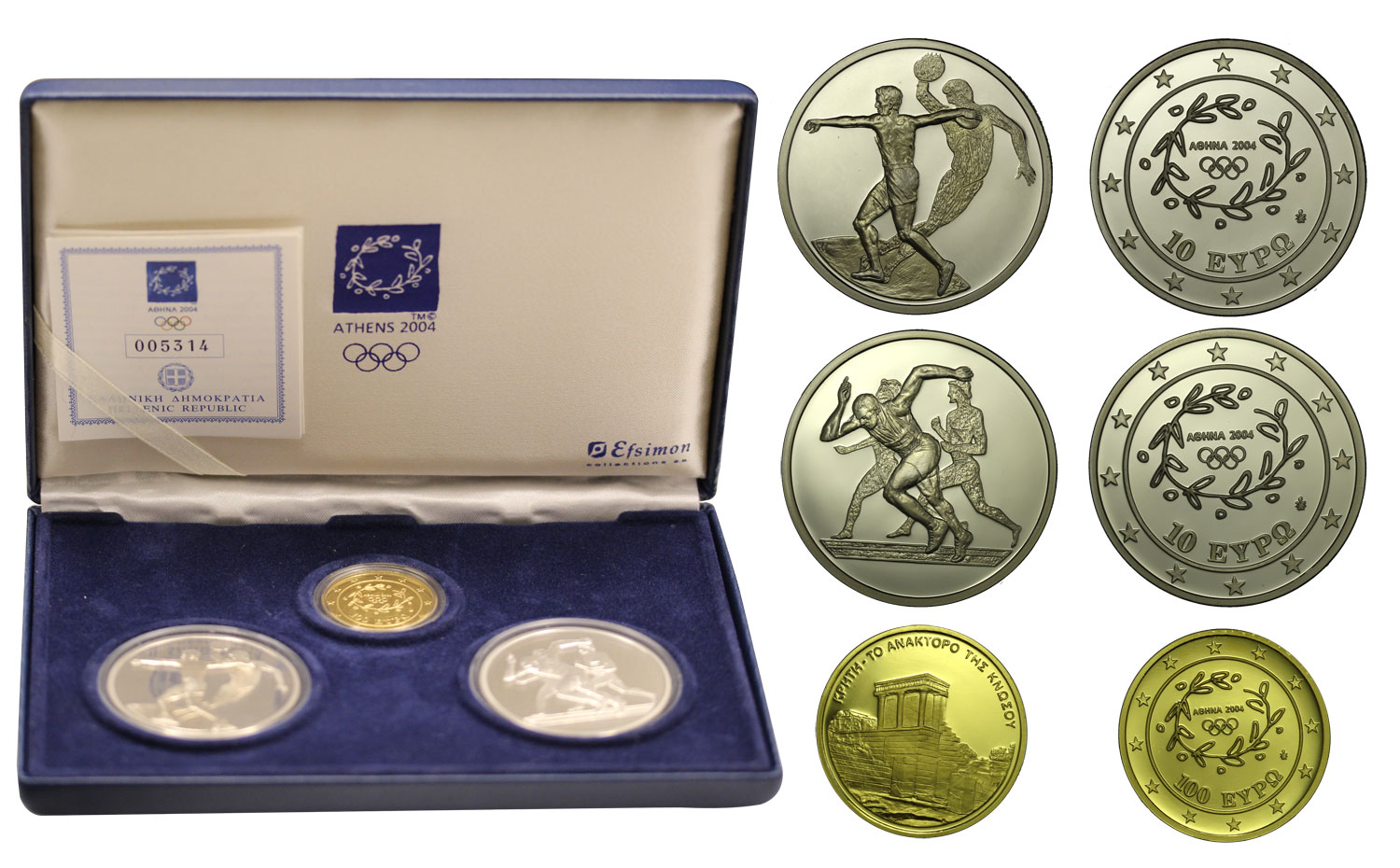 "Olimpiadi di Atene" - 10 euro gr. 10,00 in oro 999/000 e  due monete da 10 euro gr. 34,00 in ag. 925/000 