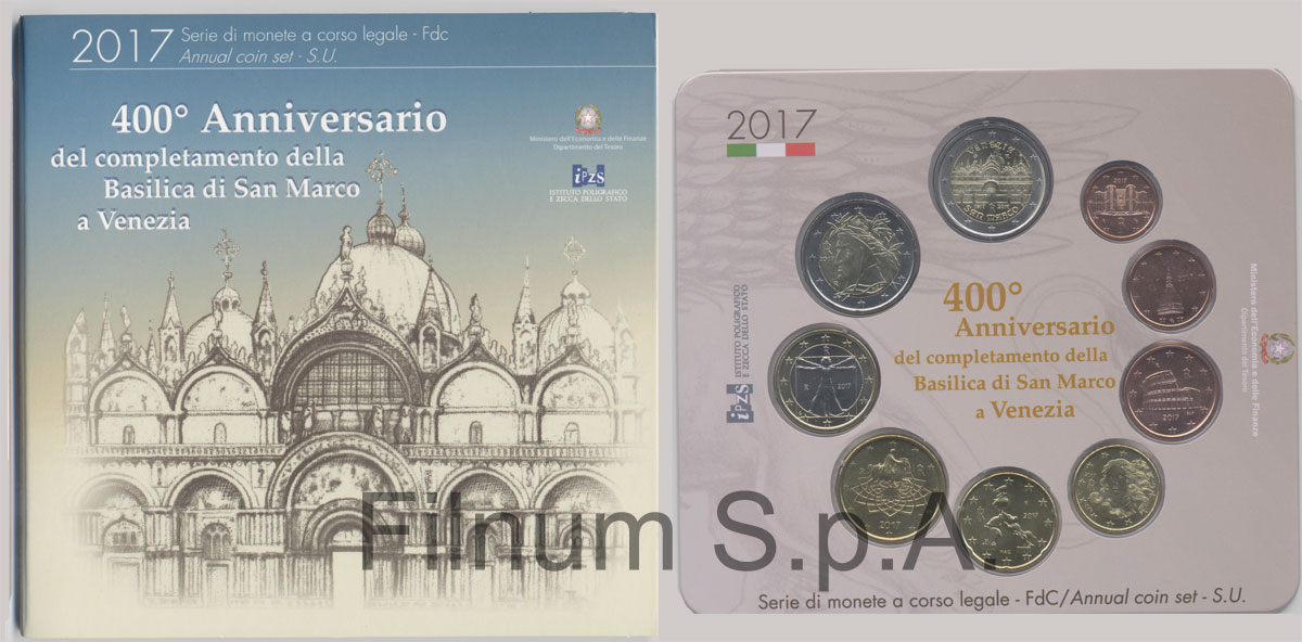 Serie completa di 9 monete in confezione ufficiale con moneta da 2 euro "400 Anniv. Basilica di S. Marco"