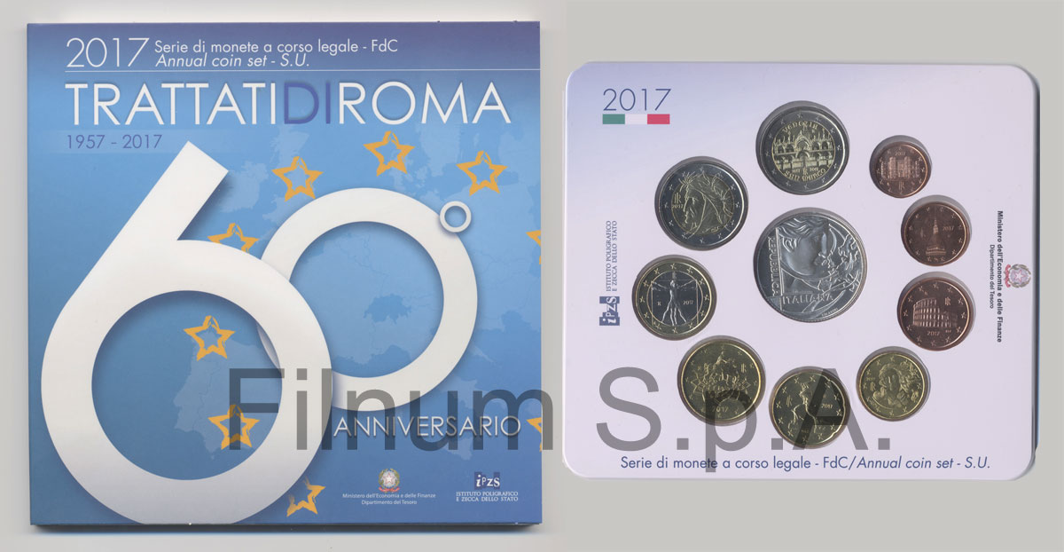 Serie completa di 10 monete in confezione ufficiale con moneta da 5 euro in Ag "60 Anniv. Trattati di Roma"