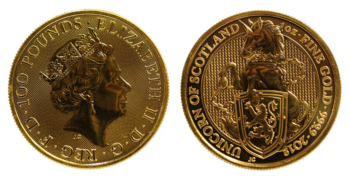 "Queen's beasts: Unicorn of Scotland" - Regina Elisabetta II - Oncia gr. 31,103 in oro 999/