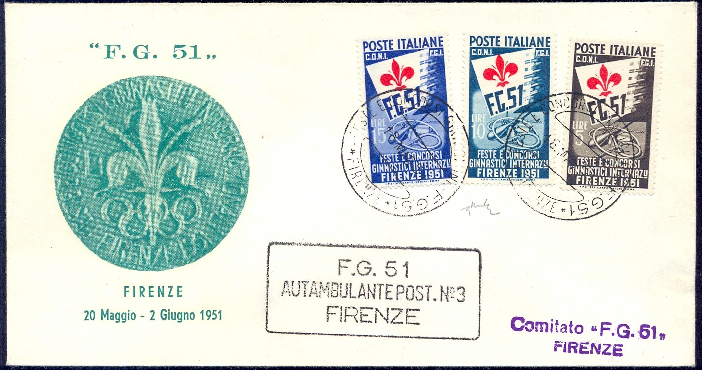GINNICI - Serie completa di 3 francobolli annullati su busta primo giorno di emissione, con certificato di garanzia