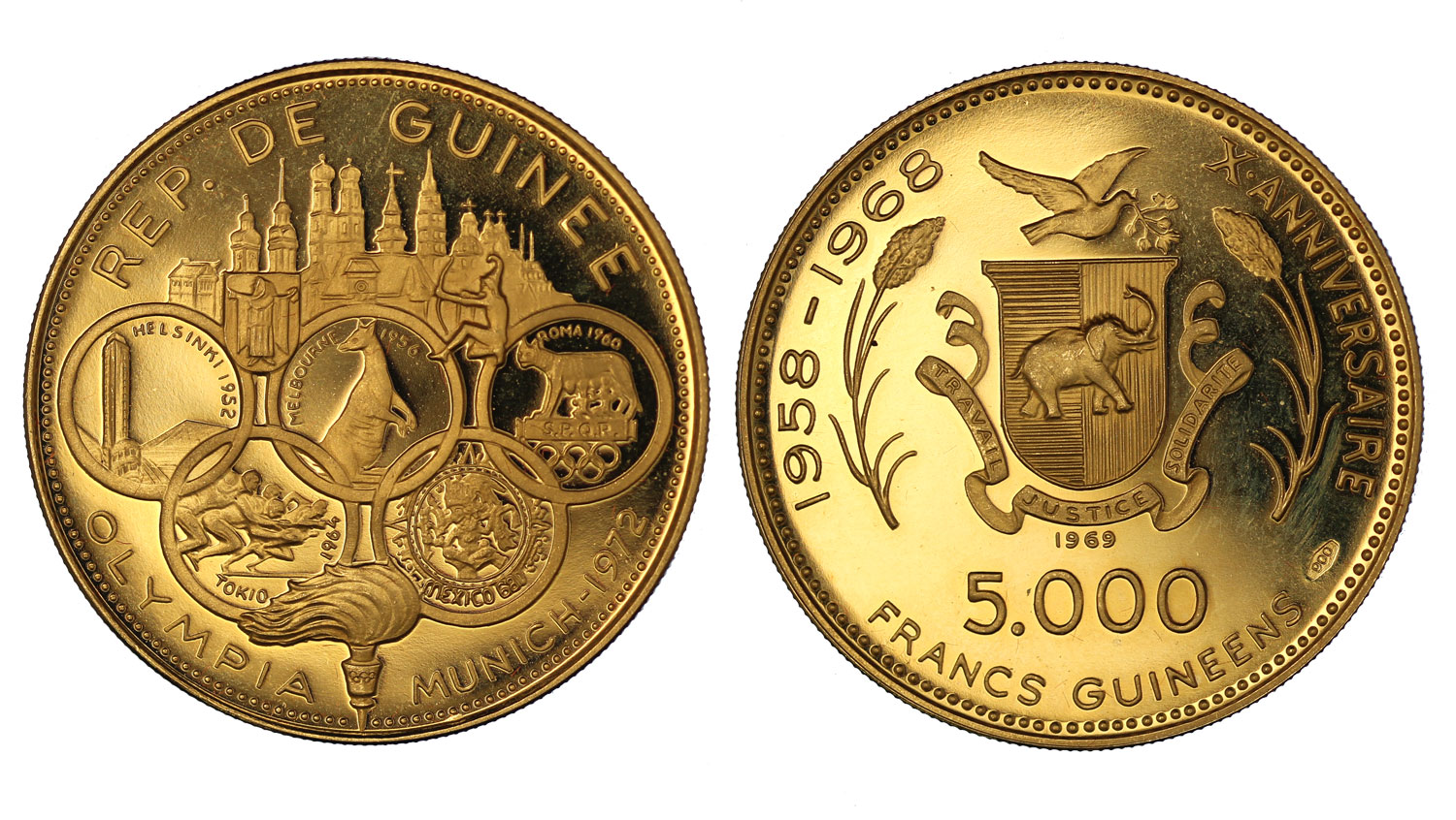 5000 franchi  "X Anniversario d'Indipendenza" gr. 20,00 in oro 900/000