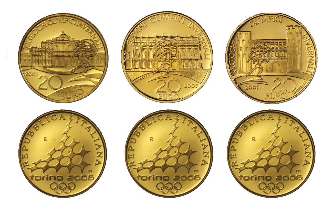 Olimpiadi di Torino 2006 I - II - III - Serie di tre monete da 20,00 Euro gr. 6,45 cad. in oro 900/000 - senza conf.originale 