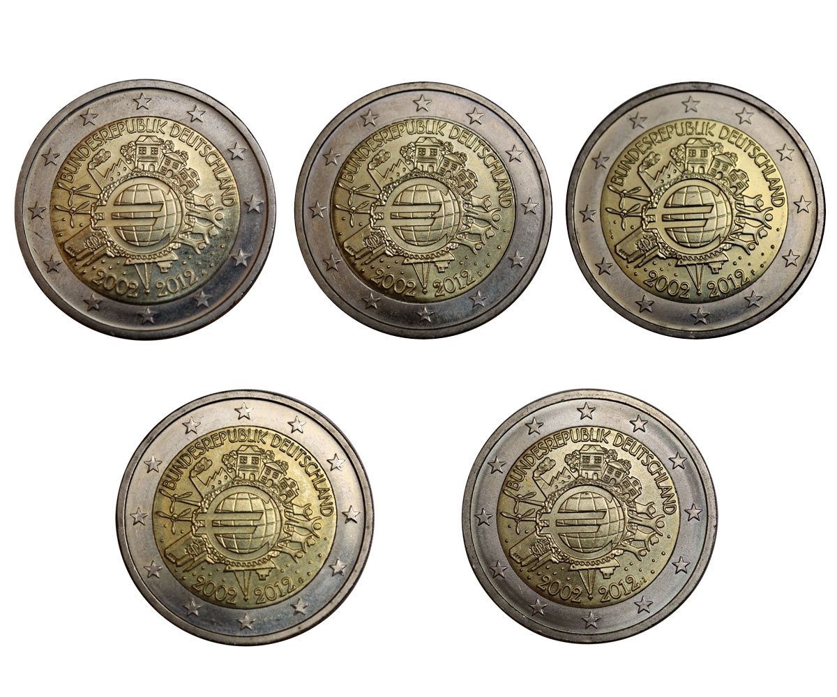 "10 Anni Di Circolazione Euro" - zecche A-D-F-G-J - serie di 5 monete da 2 euro
