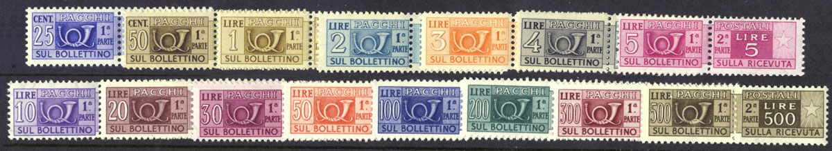 "Pacchi Postali"  filigrana ruota alata, serie completa di 15 francobolli