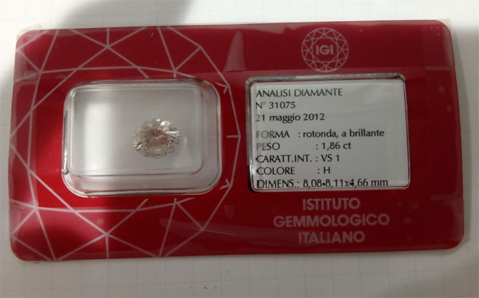 Diamante Rotondo a Brillante di ct.1.86 - Purezza VS1 - Colore H - Certificato IGI Milano