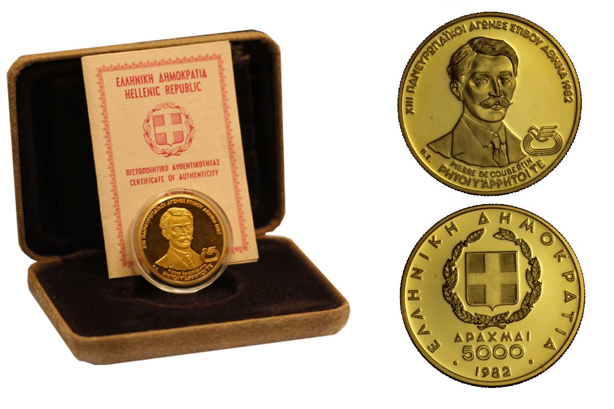 Pierre De Coubertin - 5.000 dracme gr. 12,50 in oro 900/000 - conf. originale - PREZZO SPECIALE!!