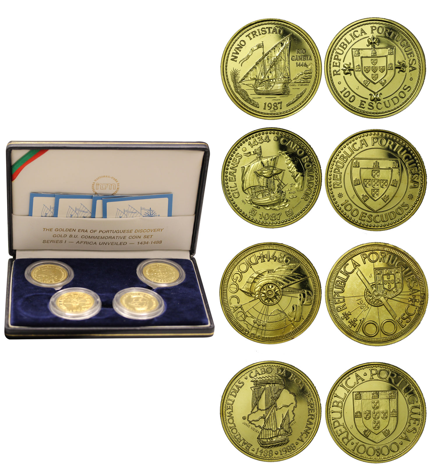"Scoperte" - Serie di 4 monete da 100 scudi di  gr. 96,00 in oro 917/000 - conf. orig.