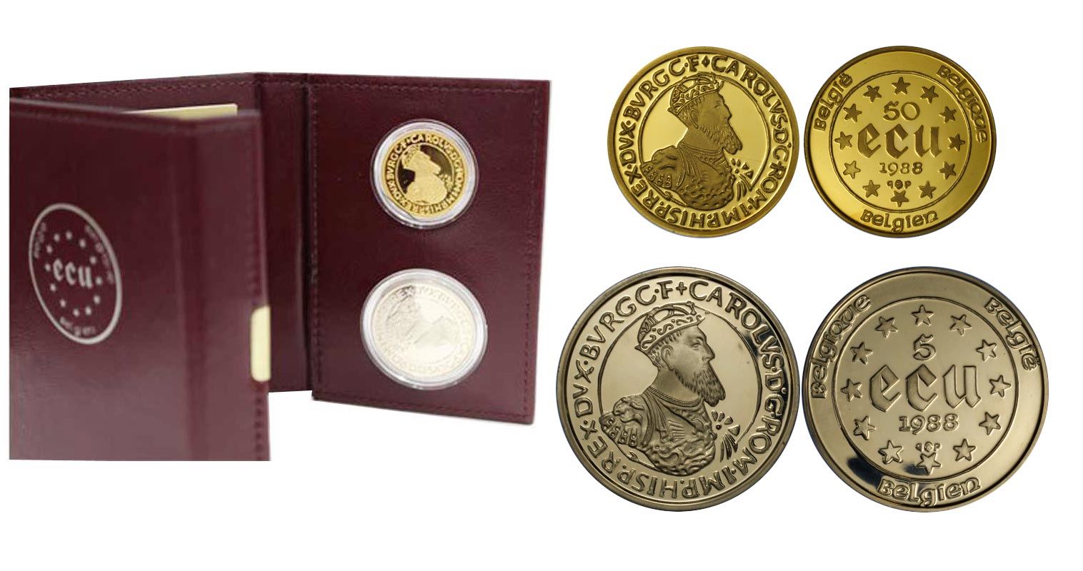 Carlo V - 50 ecu gr. 17,27 in oro 900/000 e 5 ecu gr. 22,85 in ag. 835/000 - conf. originale