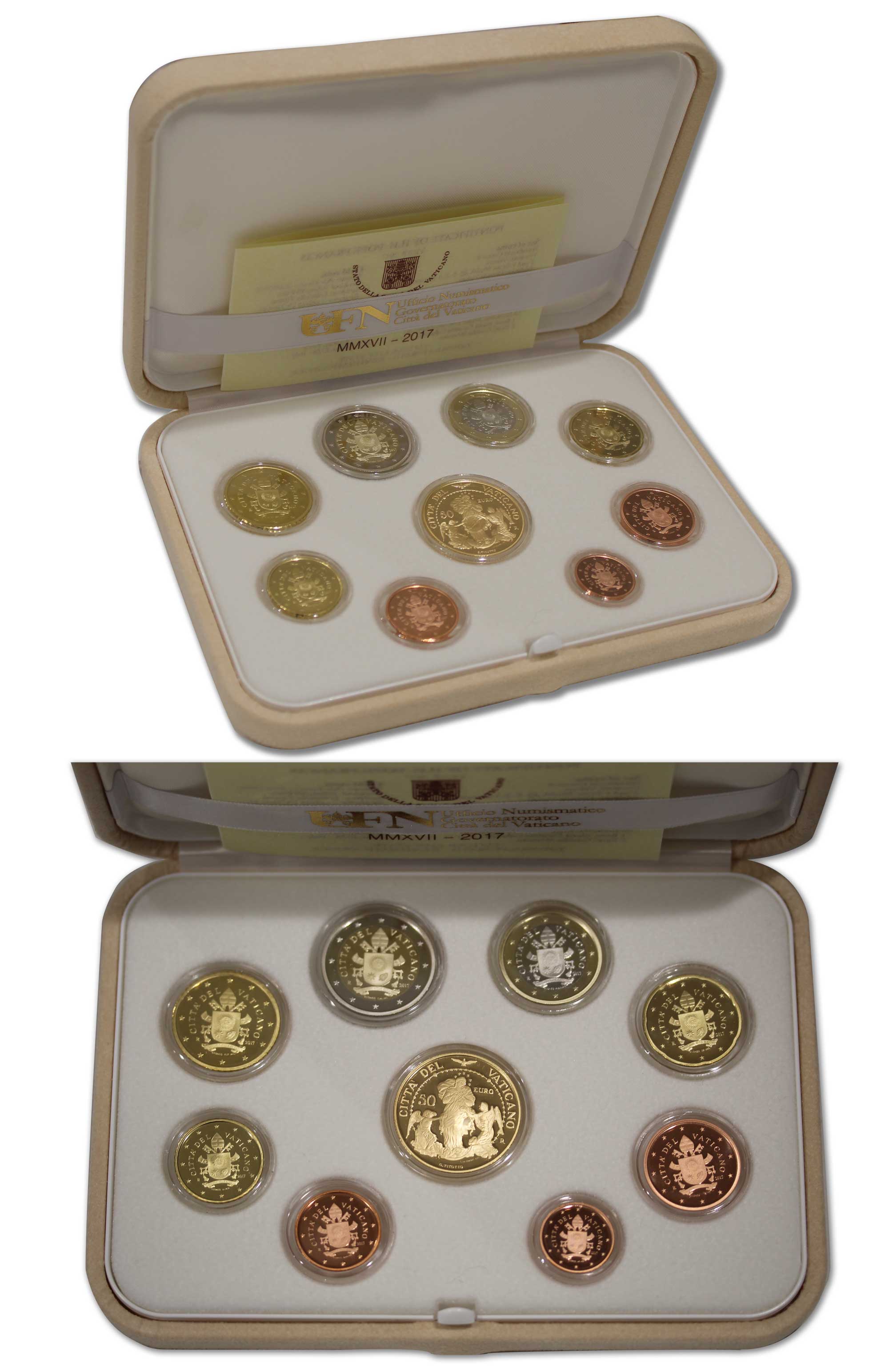 Serie completa di 8 monete in confezione originale con 50 euro in oro 