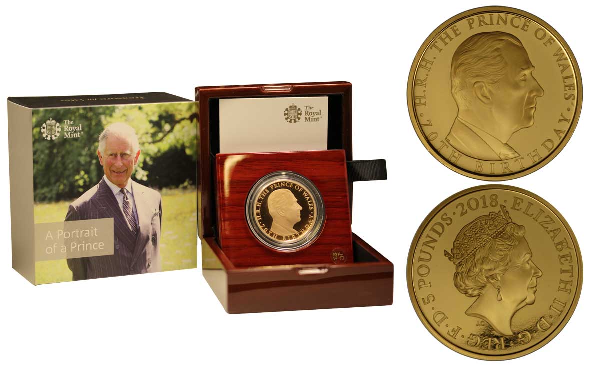 "70 Compleanno del Principe Carlo" - 5 sterline gr. 39,94 in oro 917/000 - Tiratura 375 pezzi