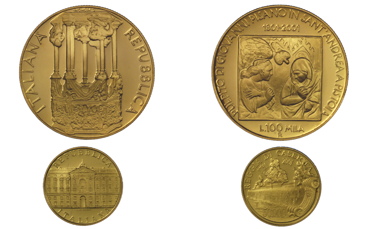 "Caserta e Pistoia" - L. 50.000 + L. 100.000 gr. 22,50 in oro 900/000 - senza conf. originale