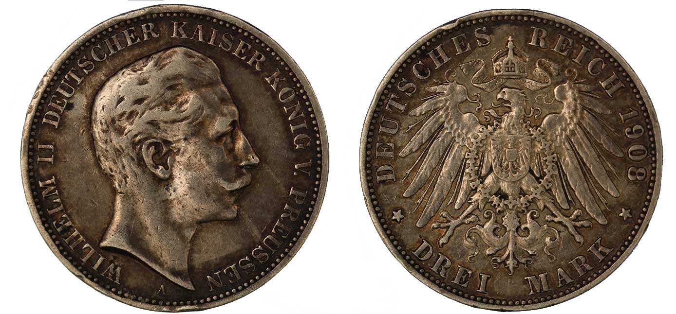 Prussia - moneta da 3 marchi gr.16.67 in ag.900/000 