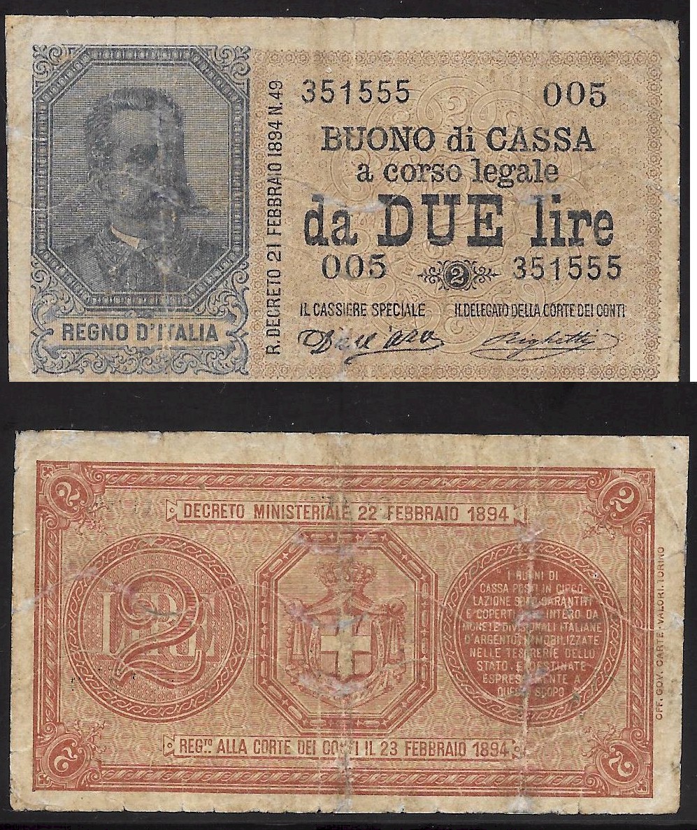 Umberto I - due lire - stemma sabaudo - dec. min. 22-2-1894