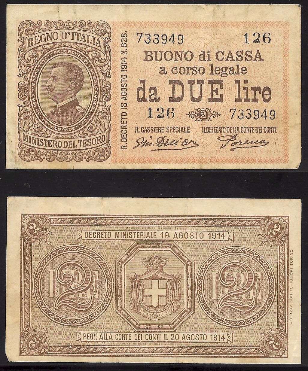 Vittorio Emanuele III - due lire - retro stemma sabaudo - dec. min. 17-10-1921 