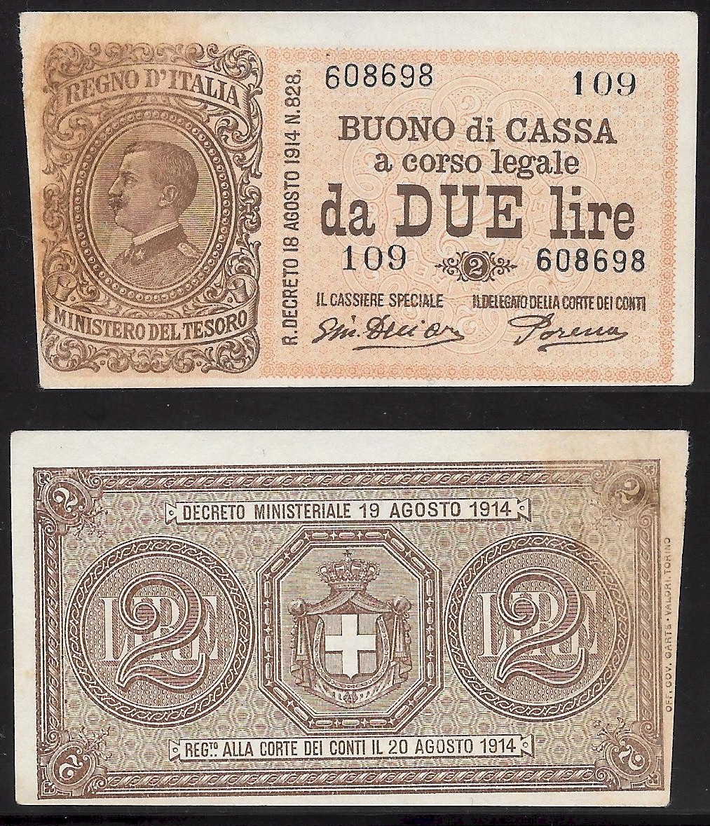 Vittorio Emanuele III - due lire - retro stemma sabaudo - dec. min. 14-03-1920 