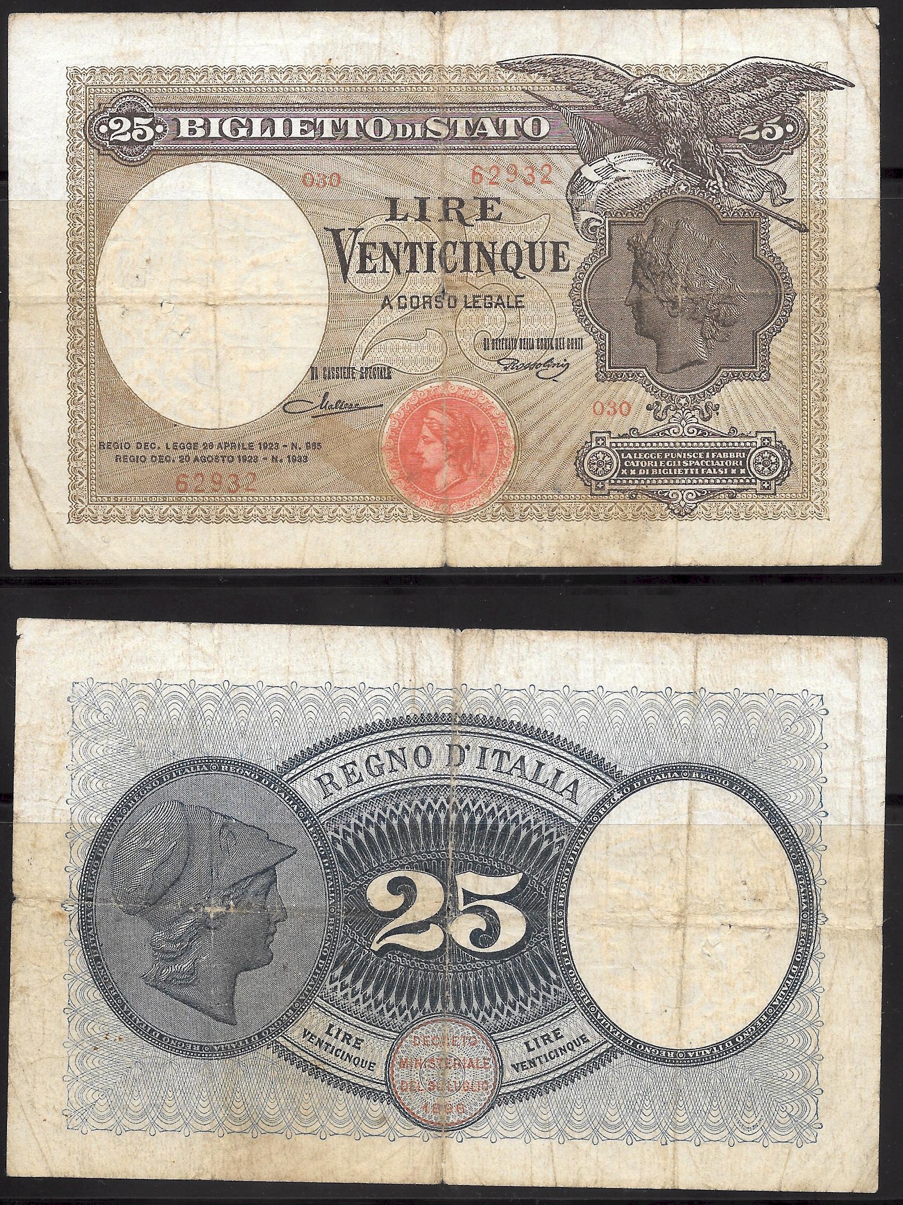 Vittorio Emanuele III - venticinque lire "Aquila Latina" Biglietto di Stato - dec. min. 20-08-1923