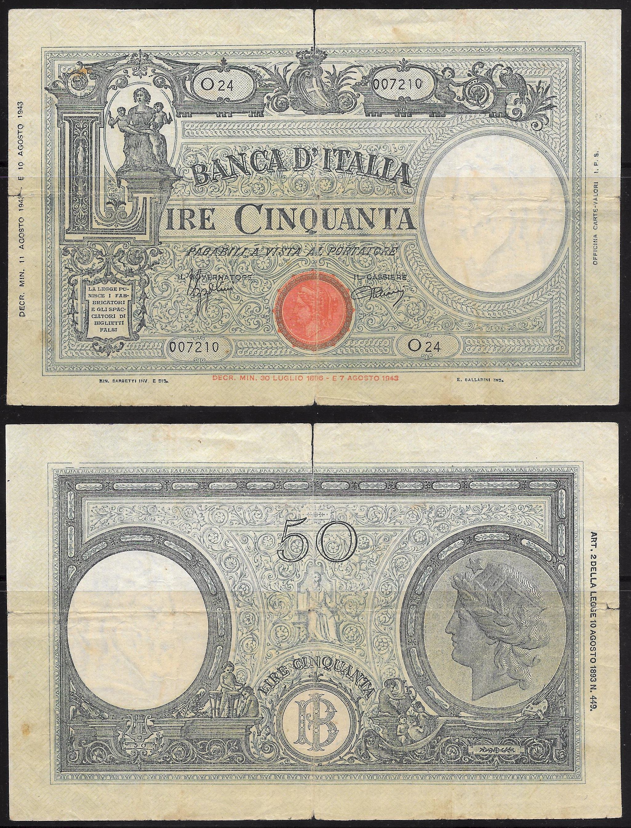 Vittorio Emanuele III - cinquanta lire -dec. min. 11-08-1943
