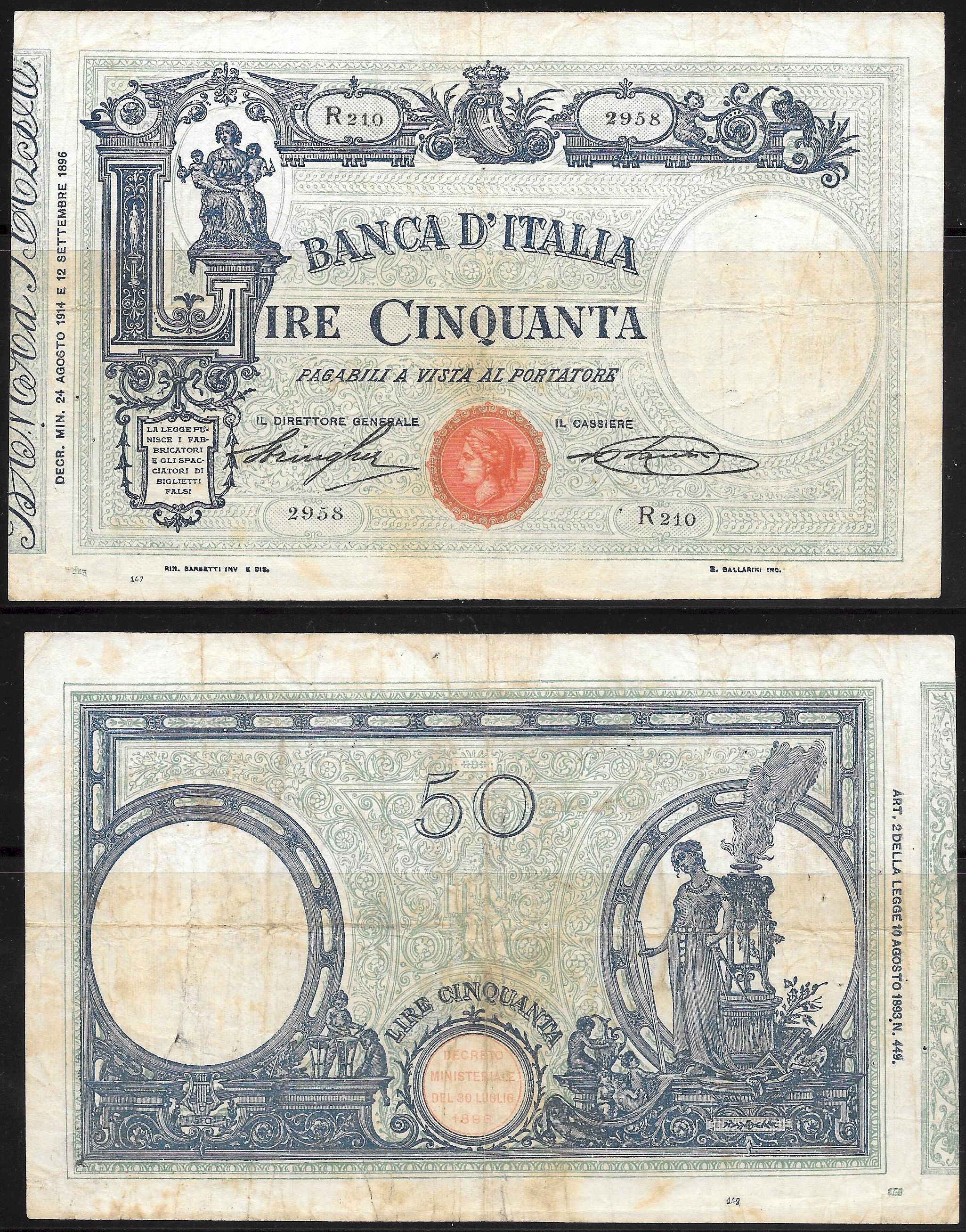 Vittorio Emanuele III - cinquanta lire con matrice laterale -dec. min. 24-08-1914