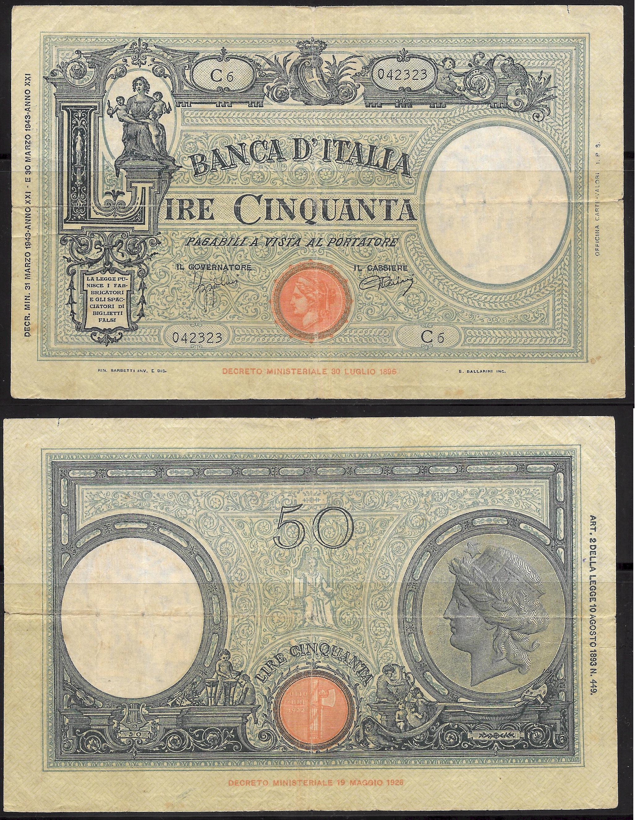 Vittorio Emanuele III - cinquanta lire -dec. min. 31-03-1943