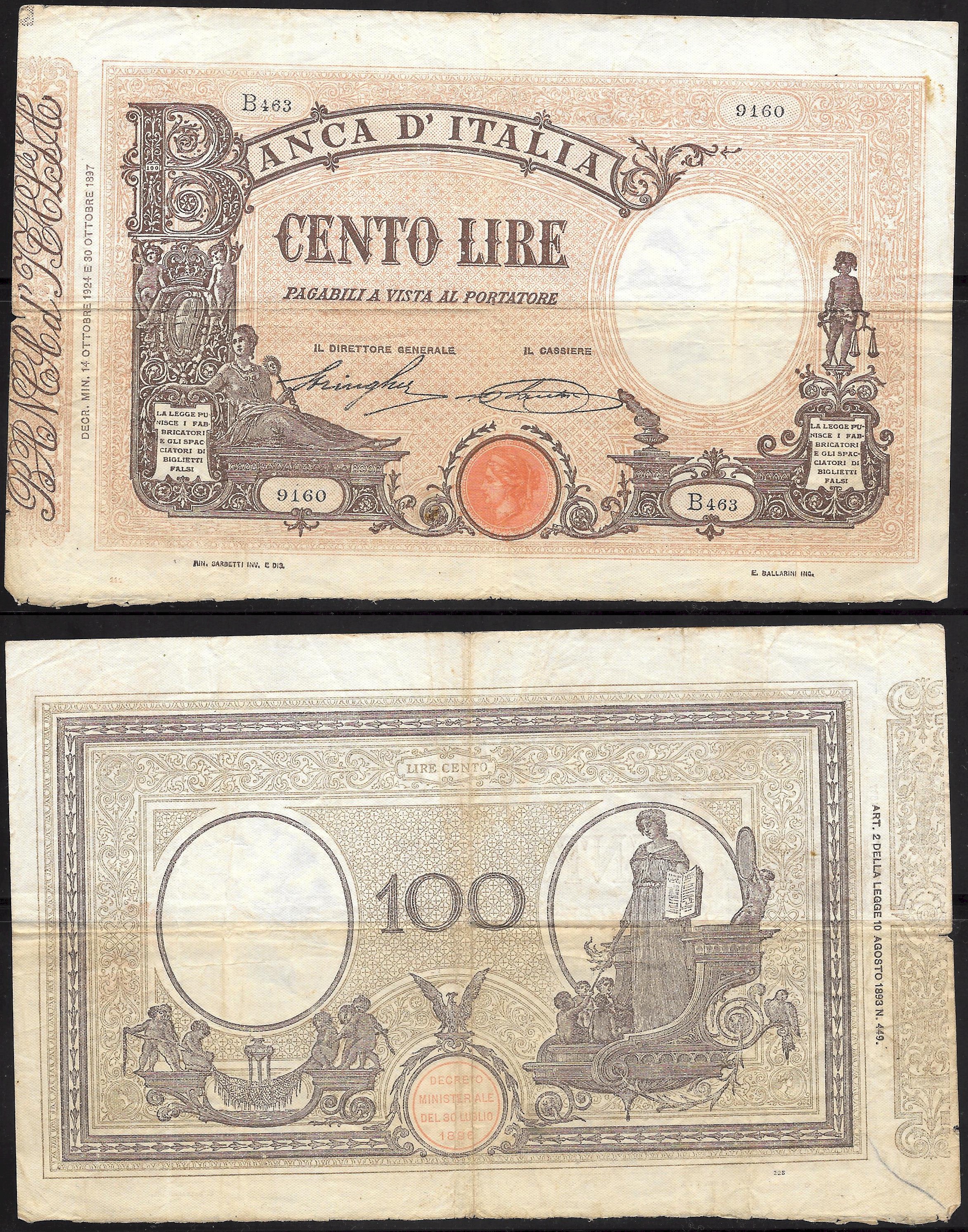 Vittorio Emanuele III - cento lire con matrice laterale -dec. min. 14-10-1924