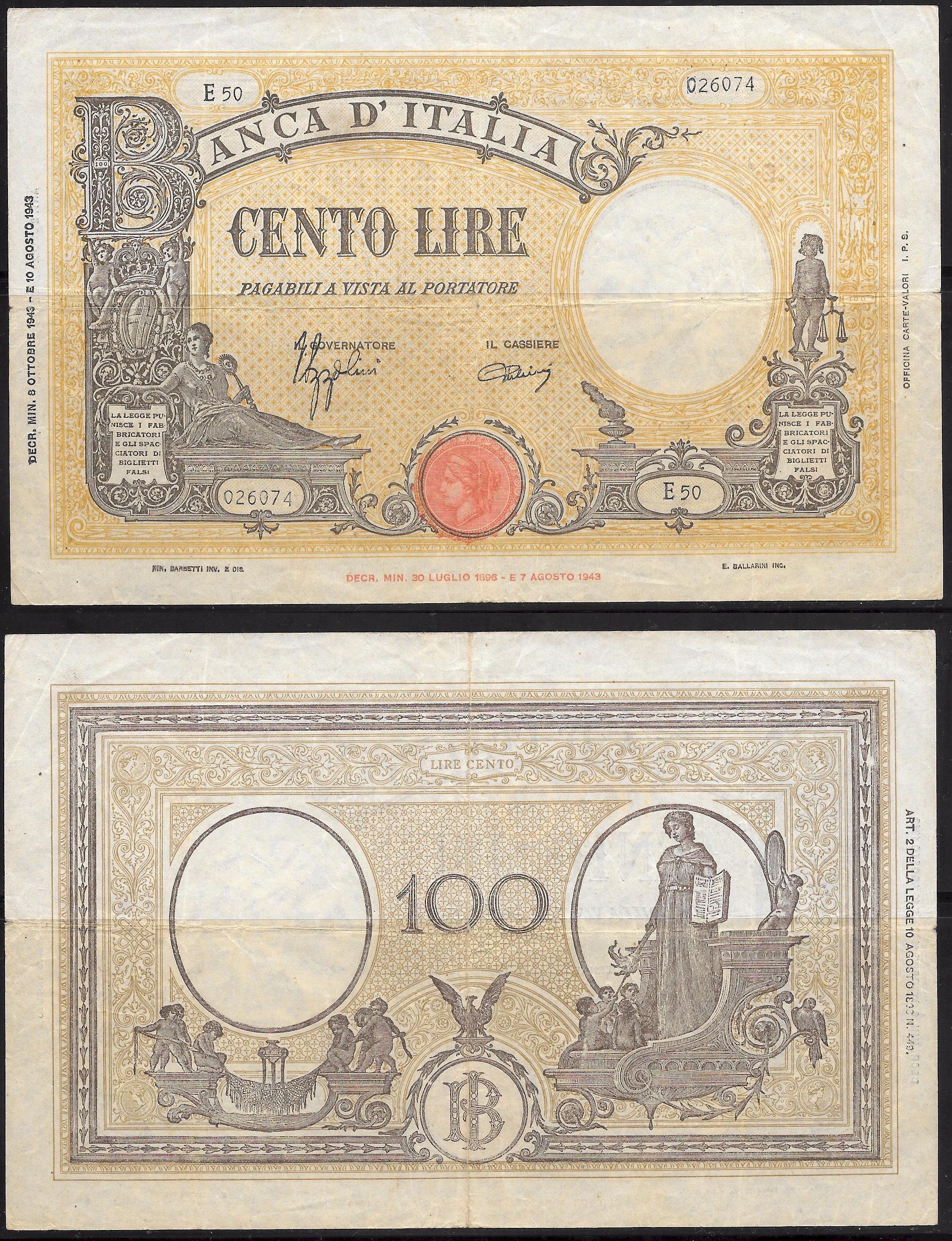 Repubblica Sociale - cento lire - dec. min. 08-10-1943
