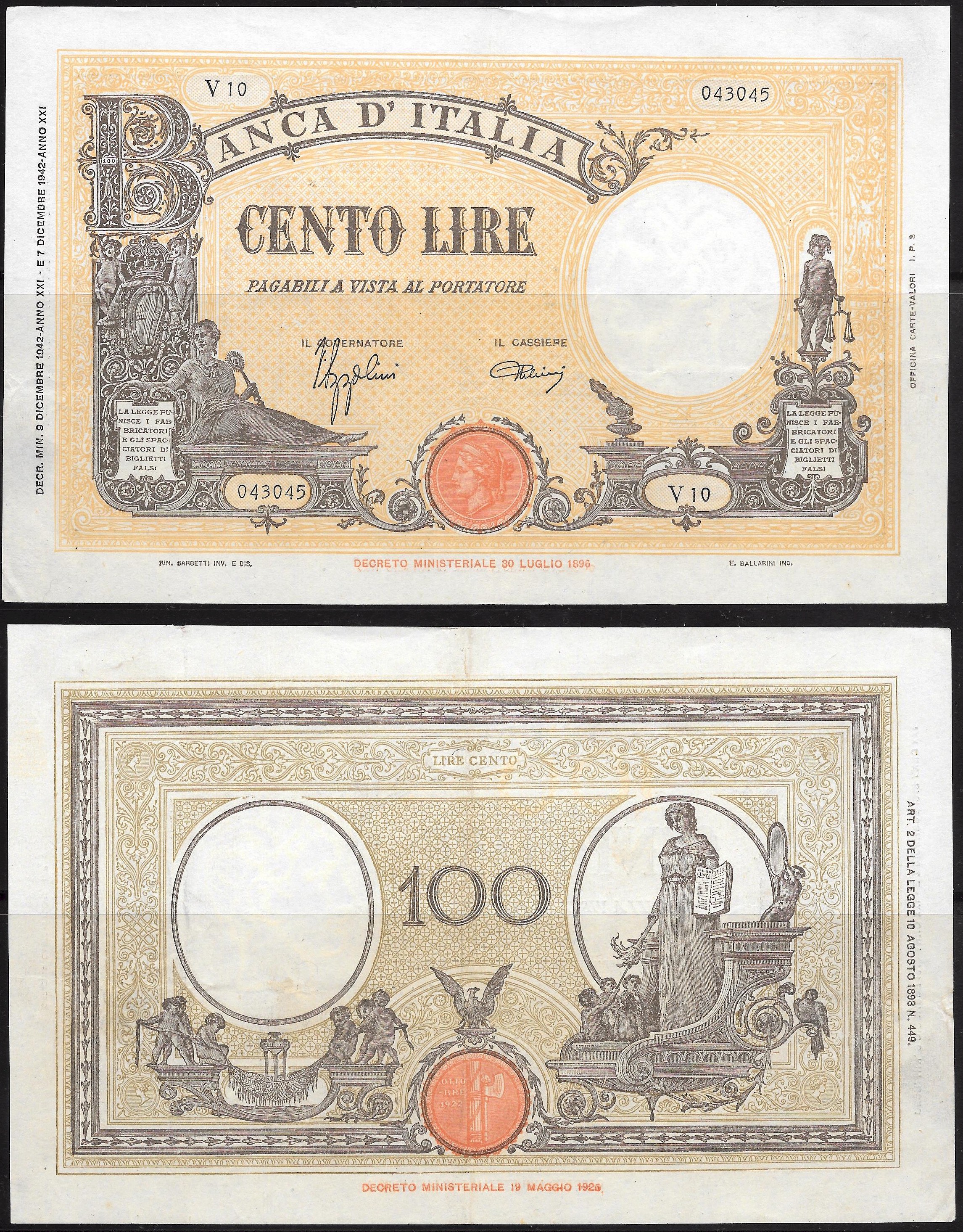 Vittorio Emanuele III - cento lire - dec. min. 09-12-1942